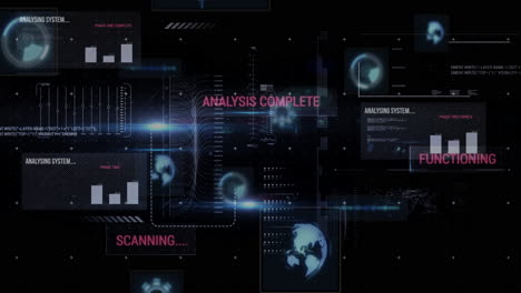 animation of digital interface scanning global network graphics, analysis complete