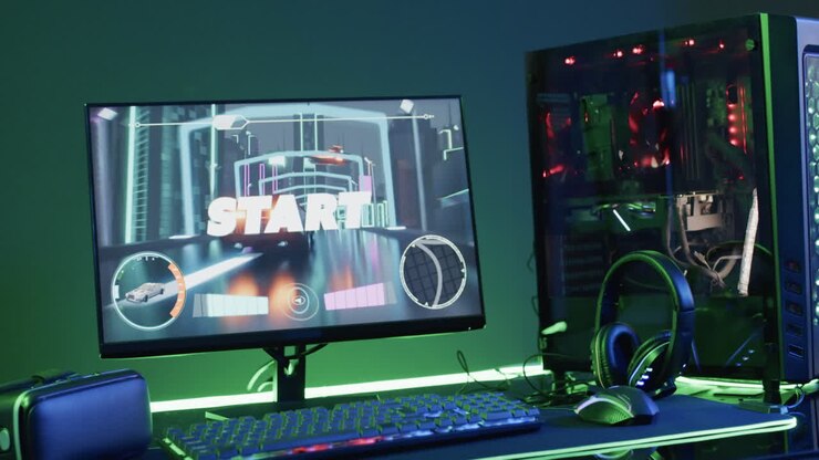 Video af computer og gamingudstyr på skrivebord med tekstplads på neonbaggrund.
