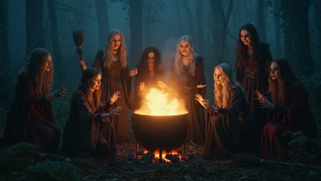 mysterious enchantment: a gathering of sorceresses enveloping a cauldron in a dark forest at dusk, emitting ominous flames and shadows