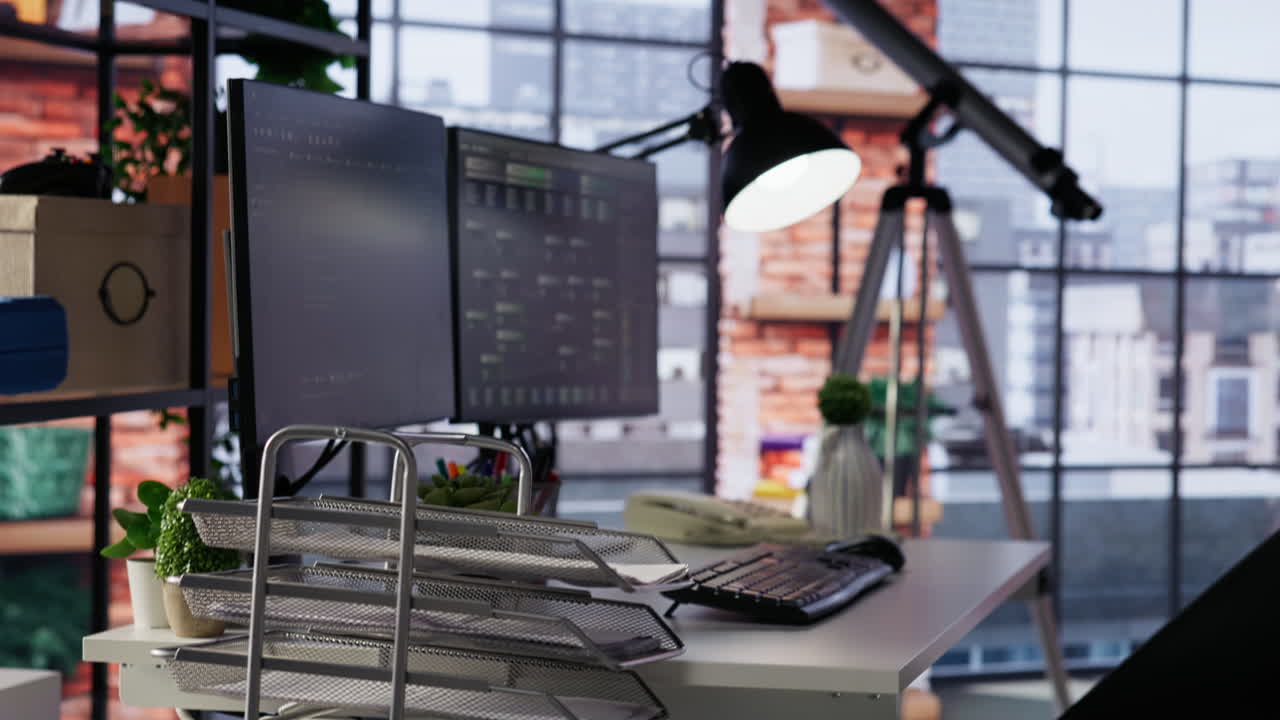 프로그래밍 언어를 보여주는 혁신적인 스타트업 오피스의 pc 화면