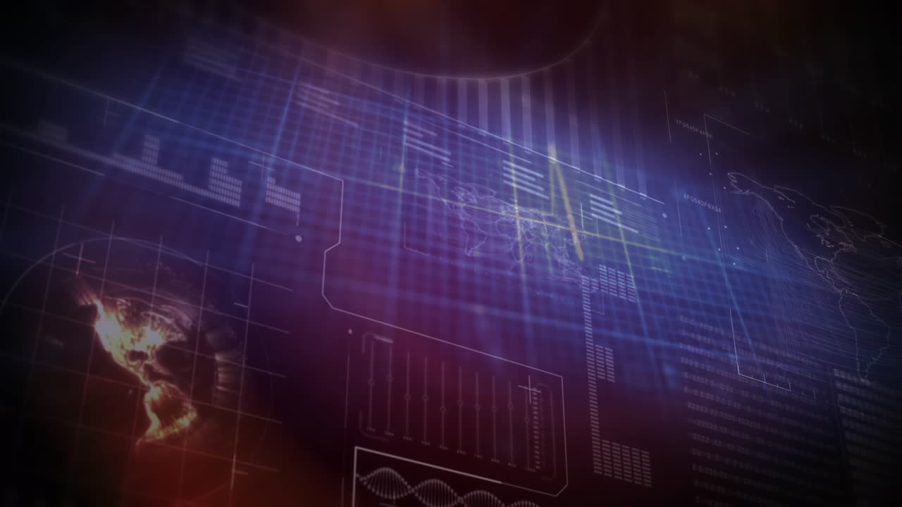 Animation of purple shapes over data processing on black background