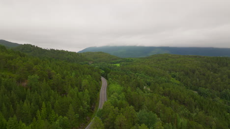 Curvas-De-La-Carretera-Entre-Exuberantes-árboles-Forestales-Verdes,-Telón-De-Fondo-De-Montañas-Brumosas