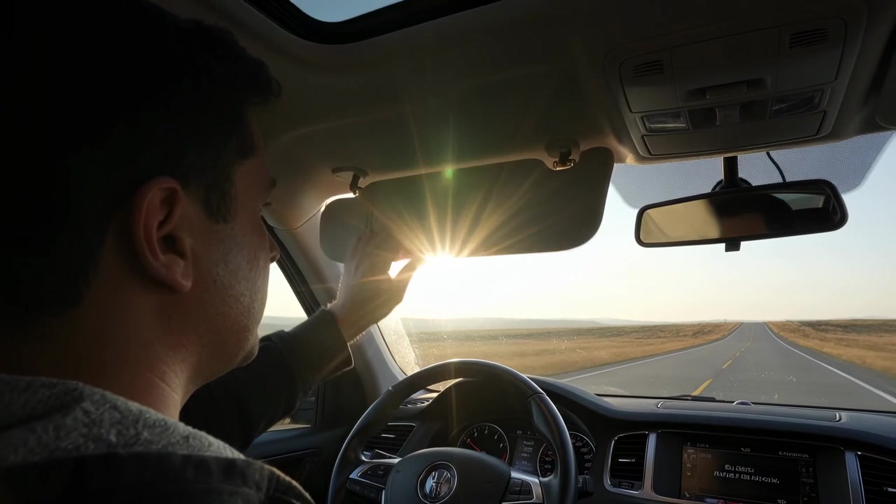 Sjåfør i jakke strekker seg og svinger solskjermen på motorveien, som reagerer på solblending, med plass til tekst.