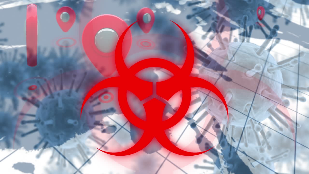 signo de peligro contra el mapa del mundo y las células de covid-19 que se mueven