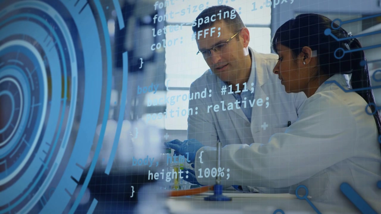 Male lab lead guiding jr tech picking pipette, adding test liquid HUD overlay actions for research
