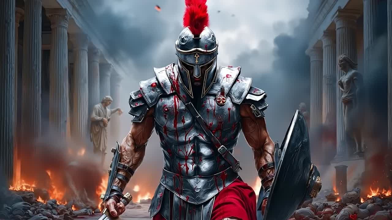 A man in a roman soldier costume holding a sword and shield in front of a crowd of people