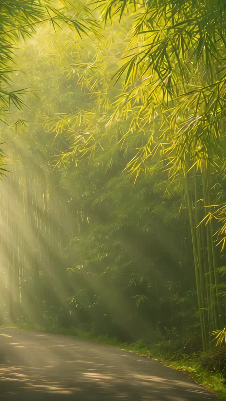 Vertical video: Streaming sunlight piercing overhanging bamboo canopy at curved road, lighting mist