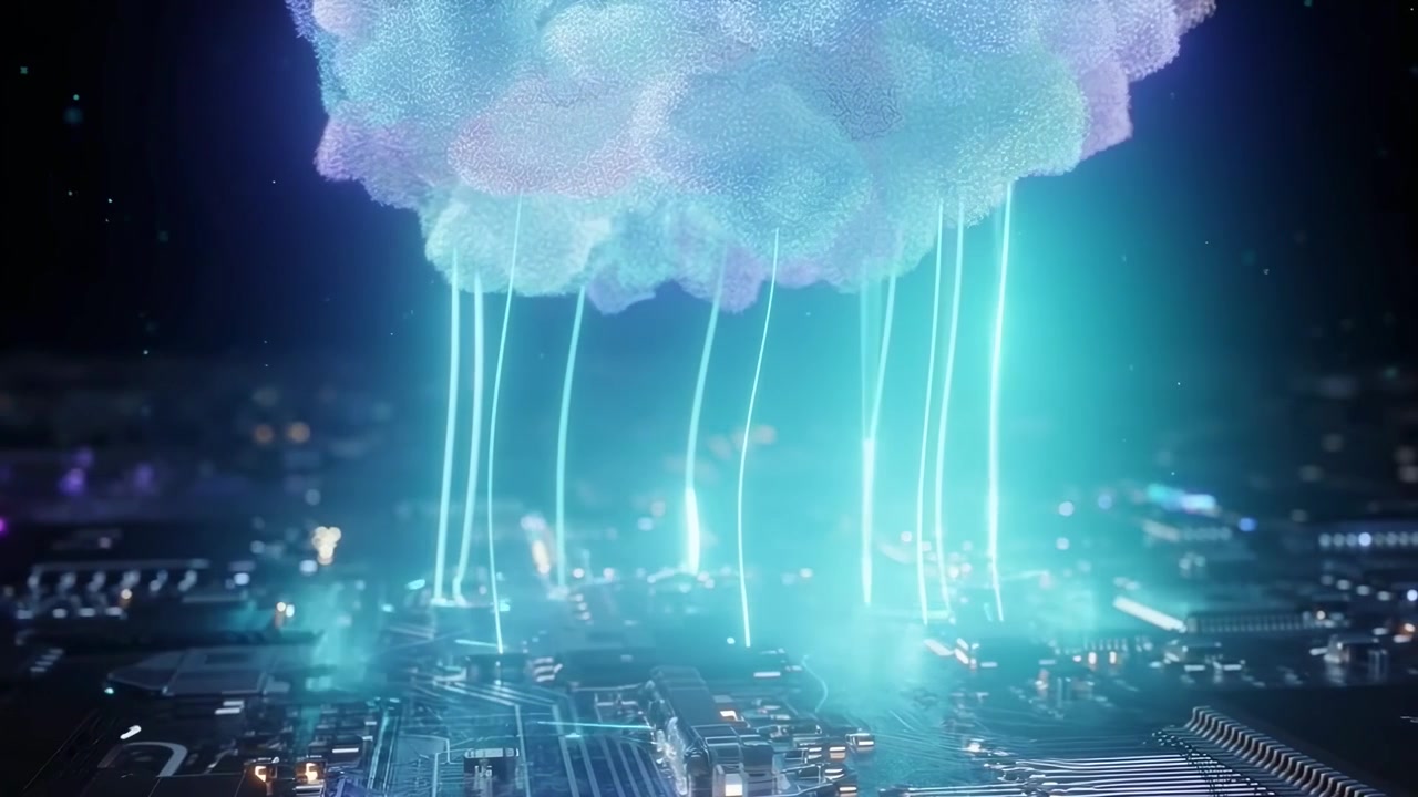 Futuristic Cloud Computing Data Flowing to a Microchip