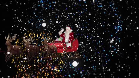 animation of snow falling and santa claus in sleigh with reindeer