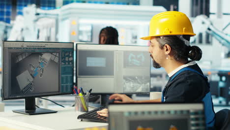 photovoltaics factory engineer shows manager facility plans in cad software
