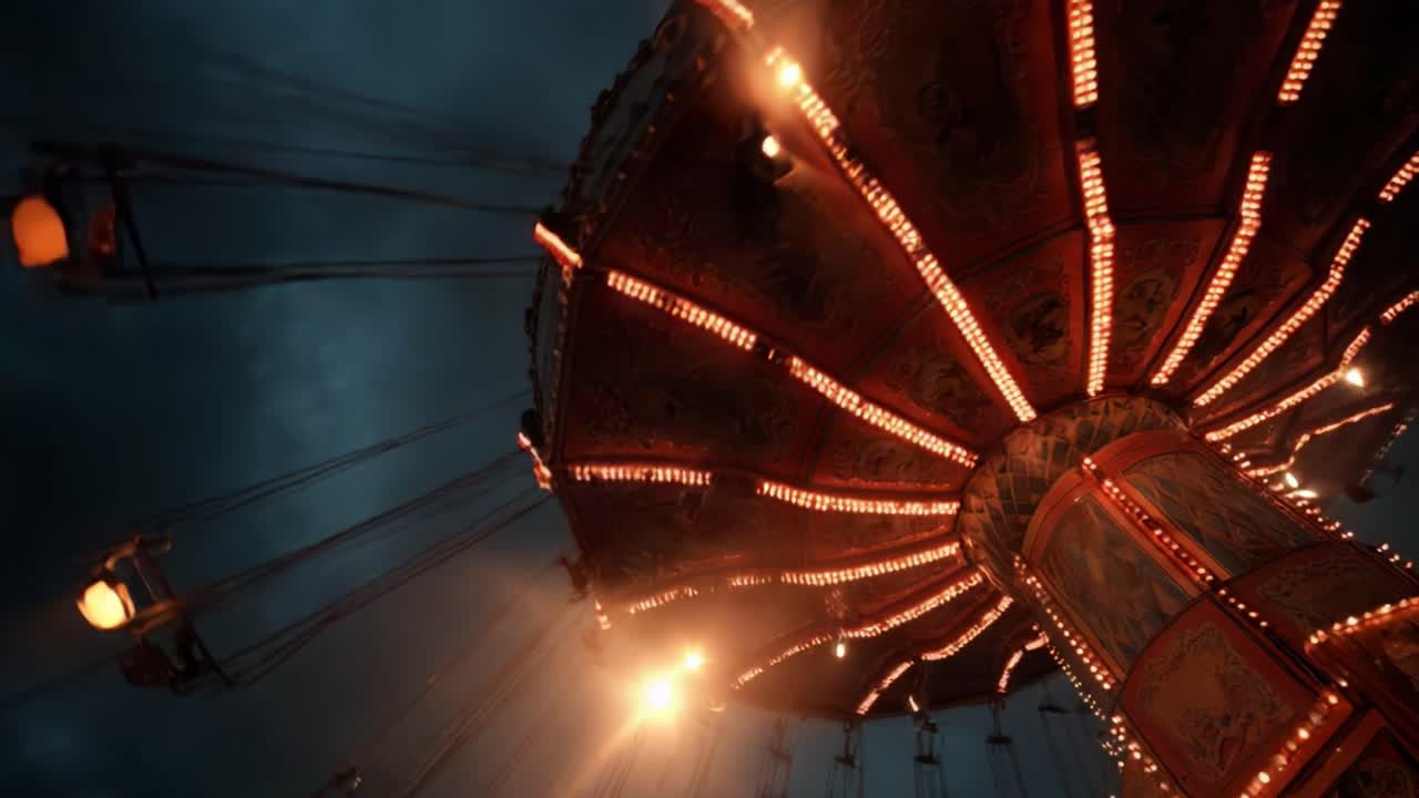 A captivating view of an illuminated carnival swing ride against a dramatic twilight sky, showcasing its vibrant lights and structure in an enchanting nighttime atmosphere