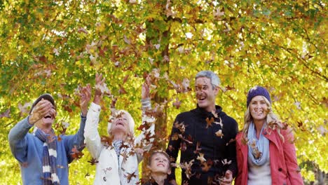 Familia-Tirando-Hojas-Al-Aire-Libre