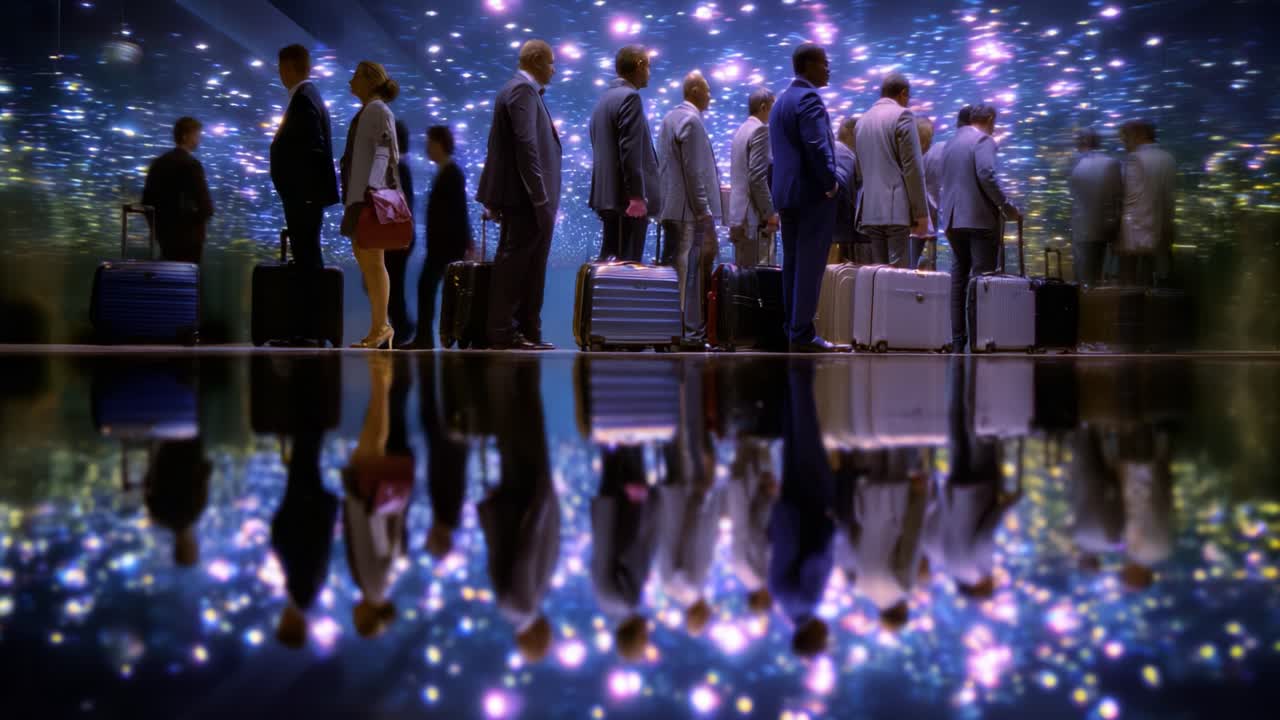 A Captivating Scene of Professional Travelers Standing in a Line with Luggage, Set Against a Stunning Starry Background, Evoking a Sense of Anticipation and Adventure in a Transitory Space