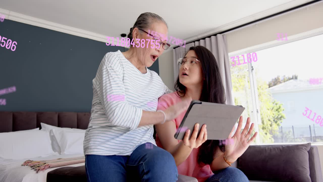 Mother tapping tablet, daughter holding, scrolling, exploring tech with pink numbers drifting