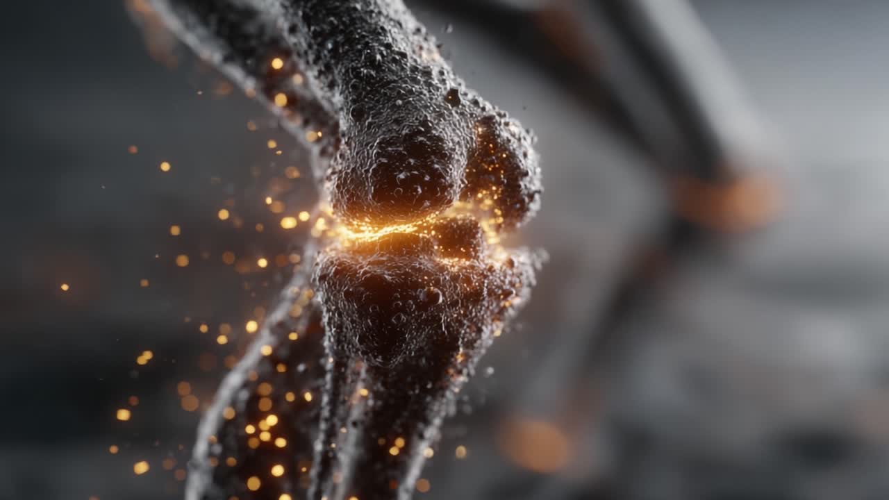 High-Definition Macro Shot of a Knee Joint with Glowing Features and Fluid Dynamics, Showcasing the Interaction of Particles and Light in an Artistic Representation