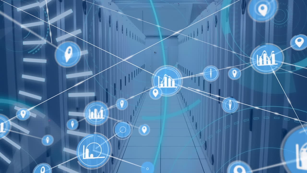 5g 텍스트 및 둥근 스캐너를 통해 컴퓨터 서버 방에 대한 디지털 아이콘 네트워크의 애니메이션
