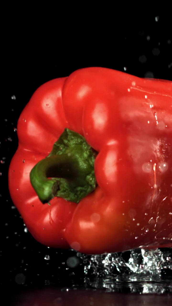 Čerstvá červená paprika padající do vody na černém pozadí.