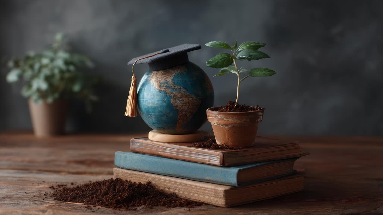 A Symbolic Representation of Knowledge and Growth Featuring a Graduated Globe, Potted Plant, and Stacked Books on a Rustic Wooden Surface