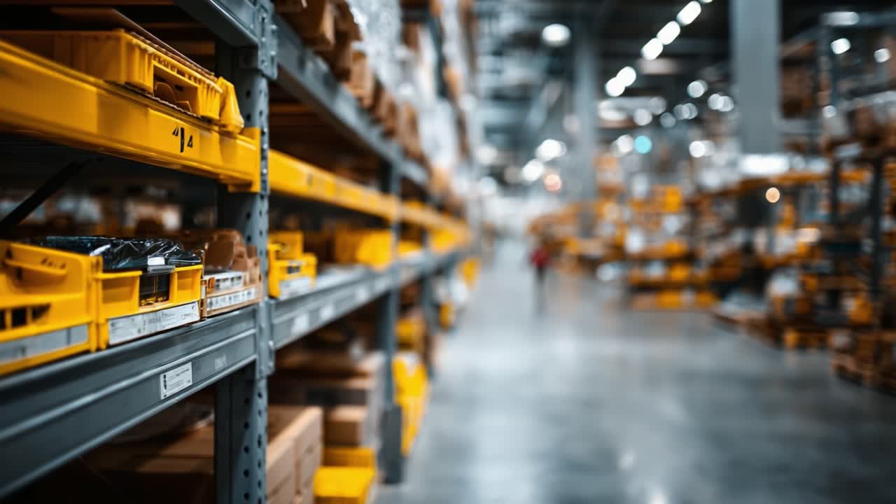 A Vibrant Warehouse Scene Featuring Aisles of Shelves Stocked with Bright Yellow Bins, Showcasing the Organized Storage of Various Items in an Industrial Space