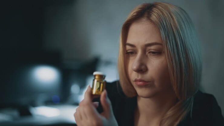 Pensive woman holds glass pill bottle in semi-dark office