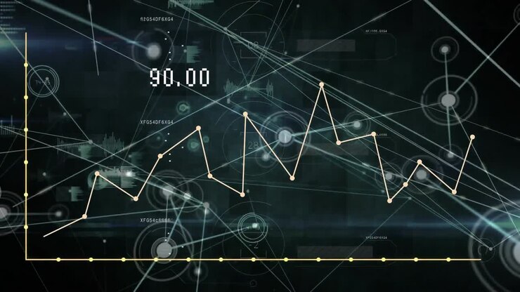 Animation of graph with numbers over bars and connected dots against abstract background