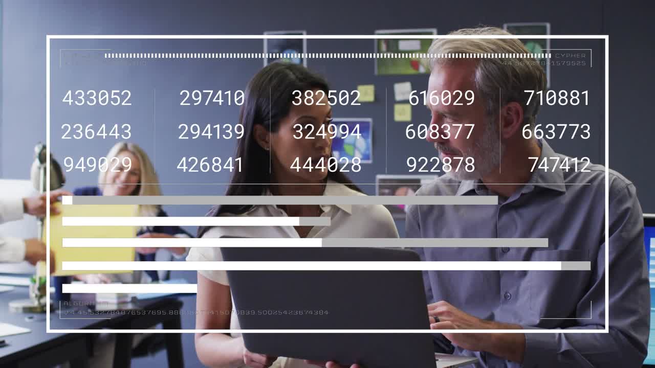 Woman opening laptop, man pointing, biz charts overlaying with grids and bars growing tracking KPIs