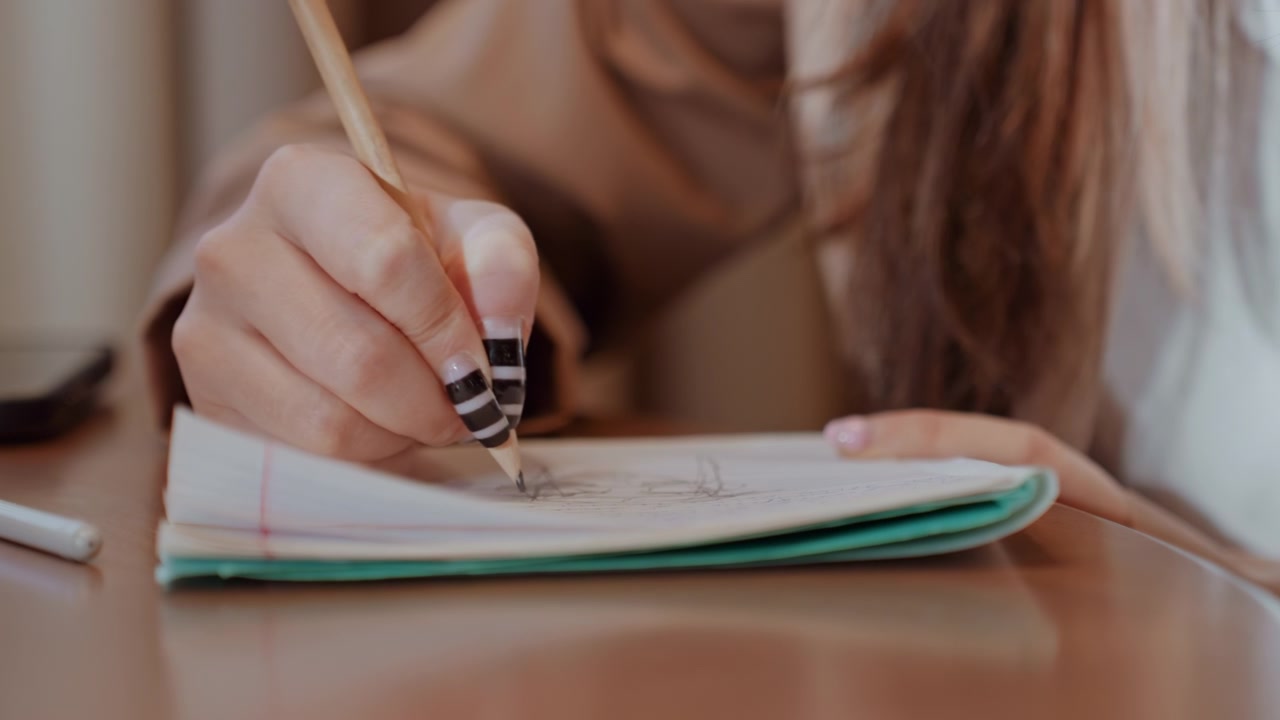 Caucasian illustrator sketching detail in notebook closeup of hand with pencil and striped nails, soft table light, intimate creative atmosphere, focused line work and textured paper