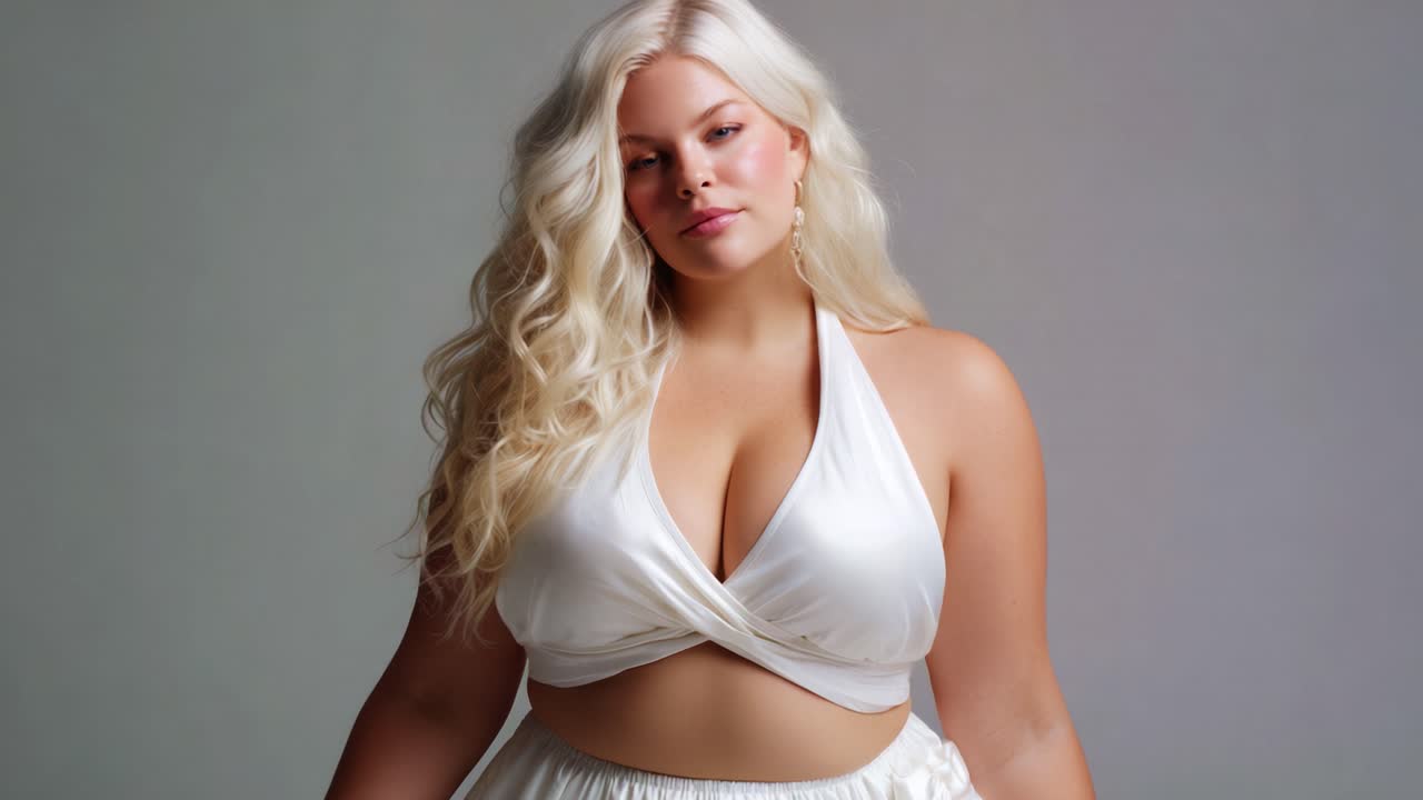 A confident model showcases a stunning white outfit, celebrating beauty and elegance with flowing hair and radiant features against a soft, neutral background that enhances her presence