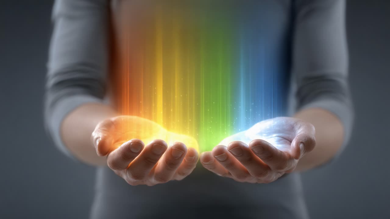 A Mesmerizing Display of Colorful Light Emanating from Open Hands, Symbolizing Creativity and Energy in a Vibrant Spectrum of Hues