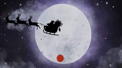 Animación-De-Papá-Noel-En-Trineo-Con-Renos-Moviéndose-Sobre-La-Luna-Y-Puntos-Rojos.