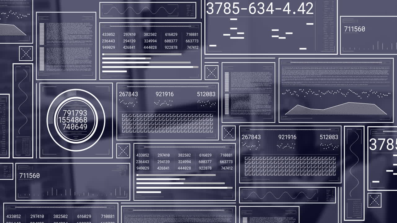 Animation of financial data processing over desk in office