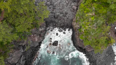 Blue-Ocean-Waves-Splashing-On-Rocks-And-Rocky-Cliffs-surrounded-by-forest-vegetation---top-down-aerial