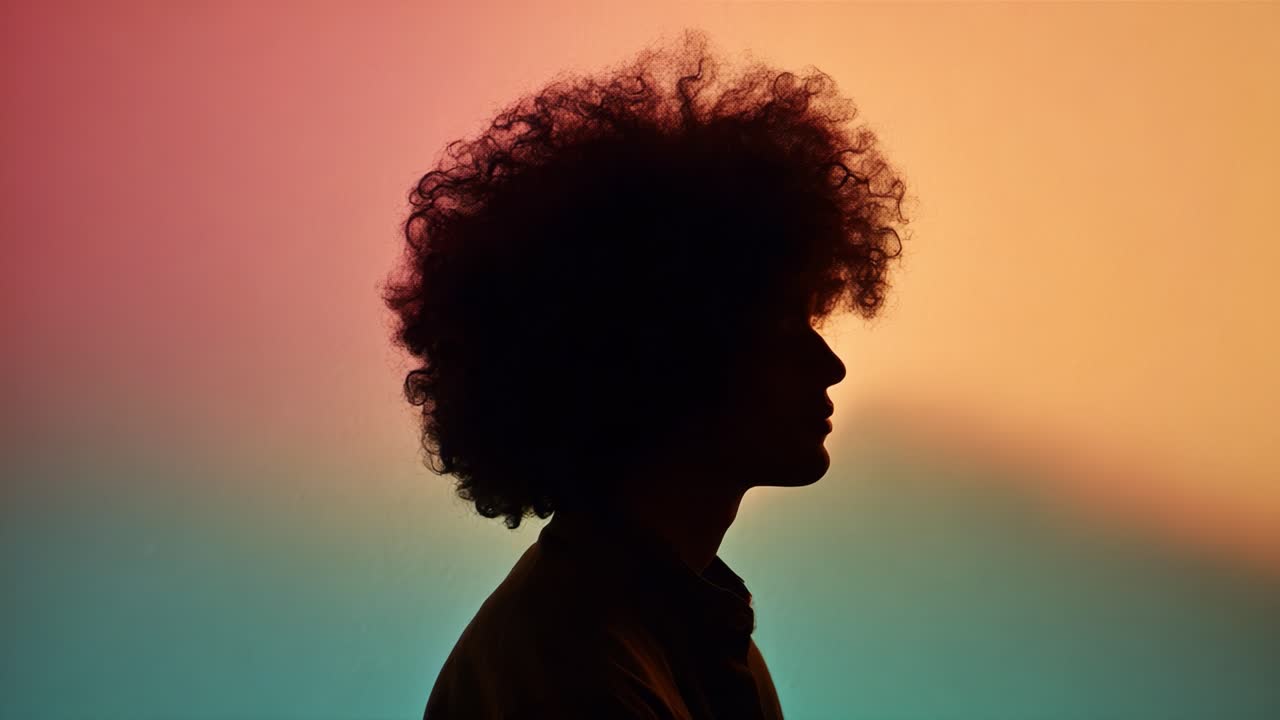 A captivating silhouette of a person showcasing their distinctive curly hairstyle against a vibrant gradient background capturing the transition from light to darkness