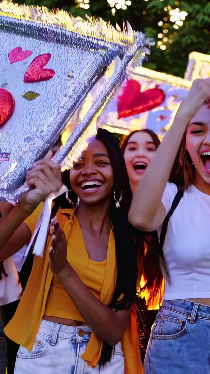 Group of young women attending a live music event, happily clapping and cheering with banners and signs, enjoying the vibrant atmosphere and sunset light