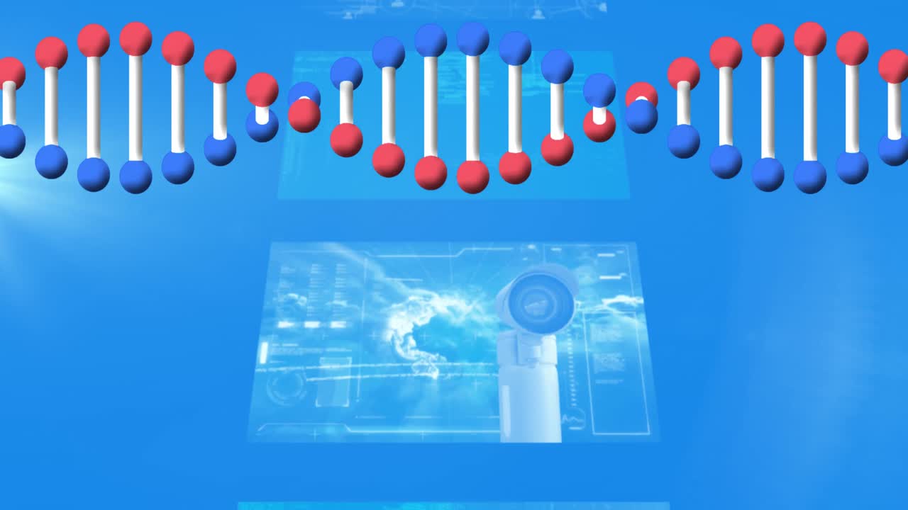 Animation of dna strand spinning and medical data on screens on blue background