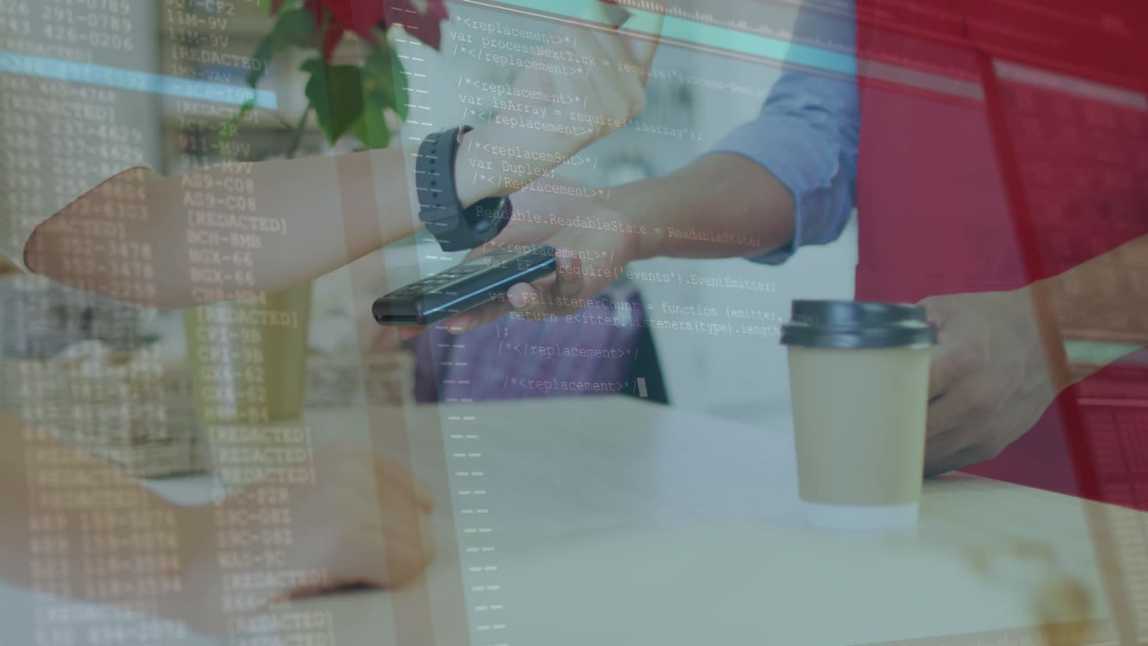 Animation of data processing over hands paying with smartwatch in cafe