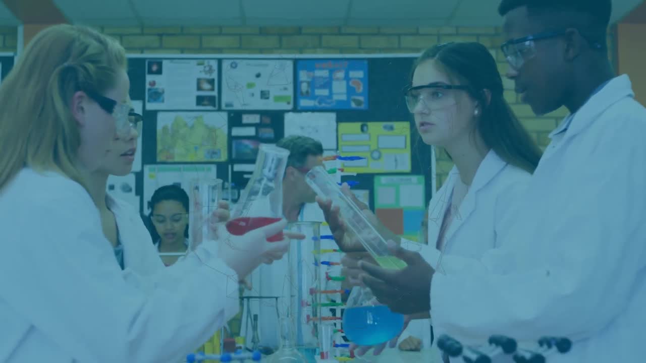 animación de formas en movimiento sobre diversos estudiantes en el laboratorio