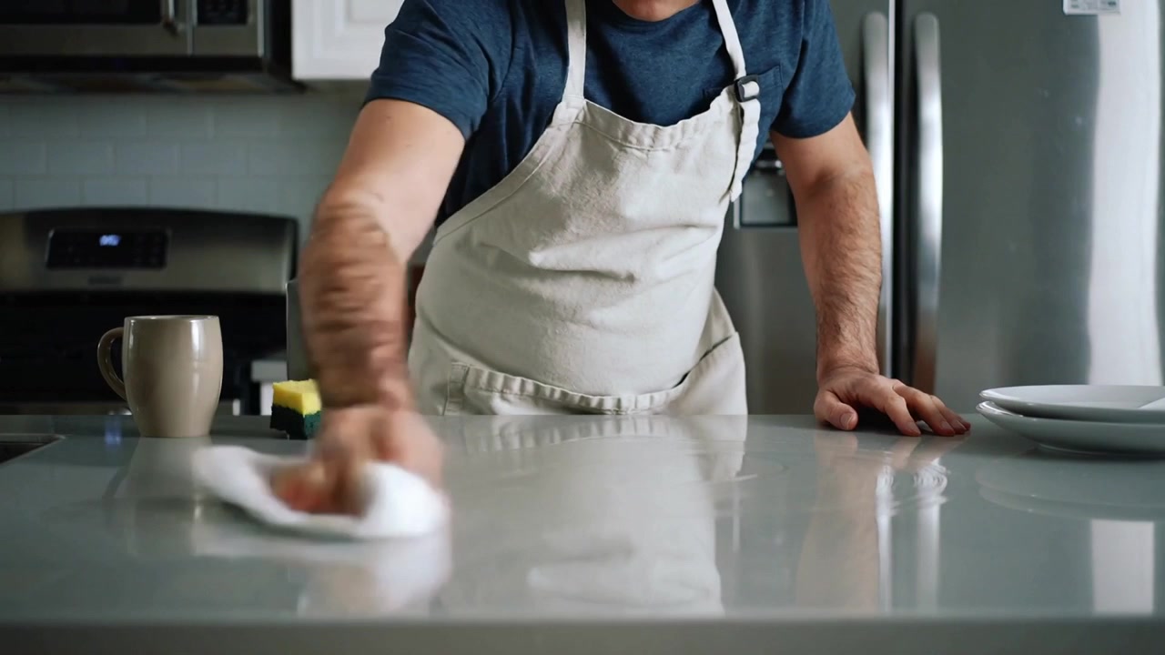 Uomo con maglietta blu navy e grembiule si china per pulire il piano di lavoro della cucina, usando un panno bianco e una spugna.