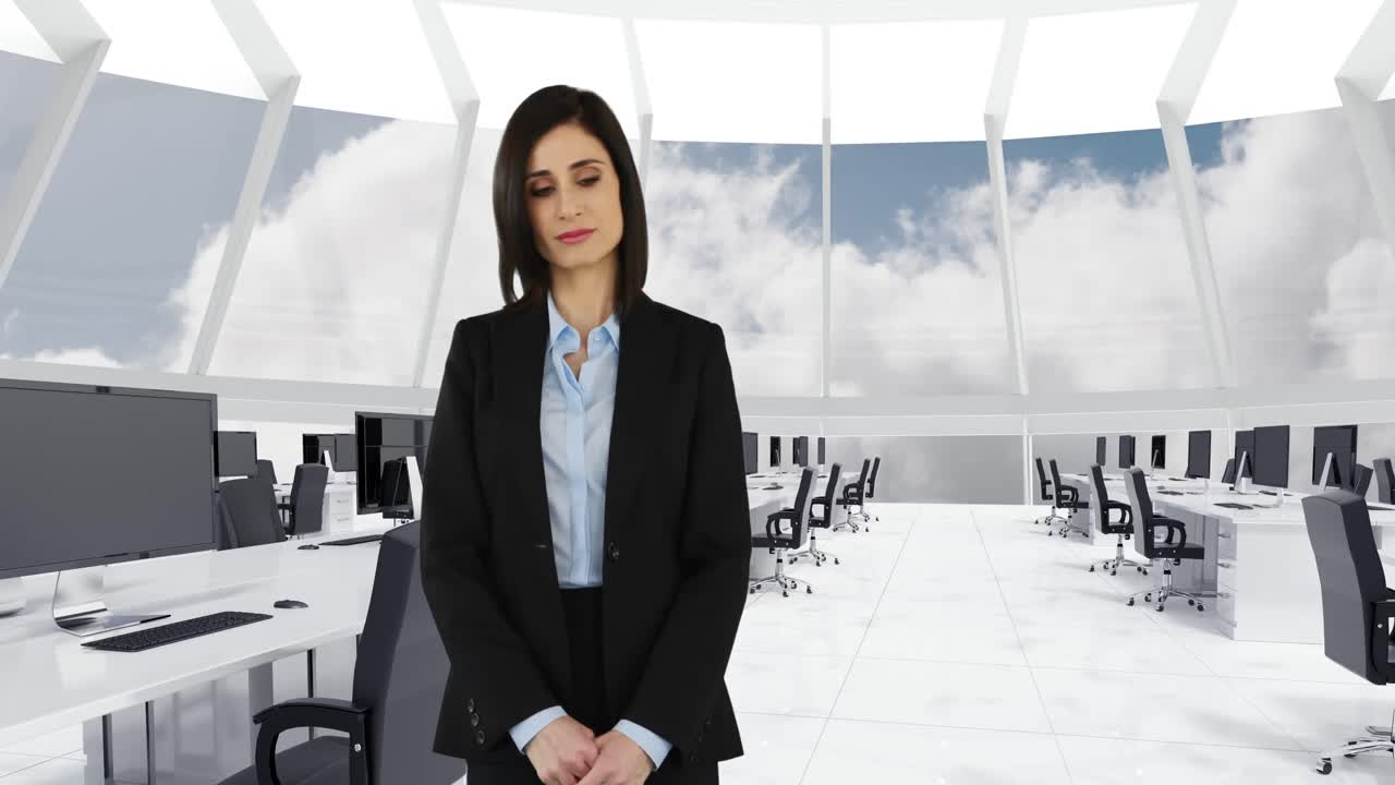 composición de una mujer deslizando una pantalla digital en un centro de llamadas 4k