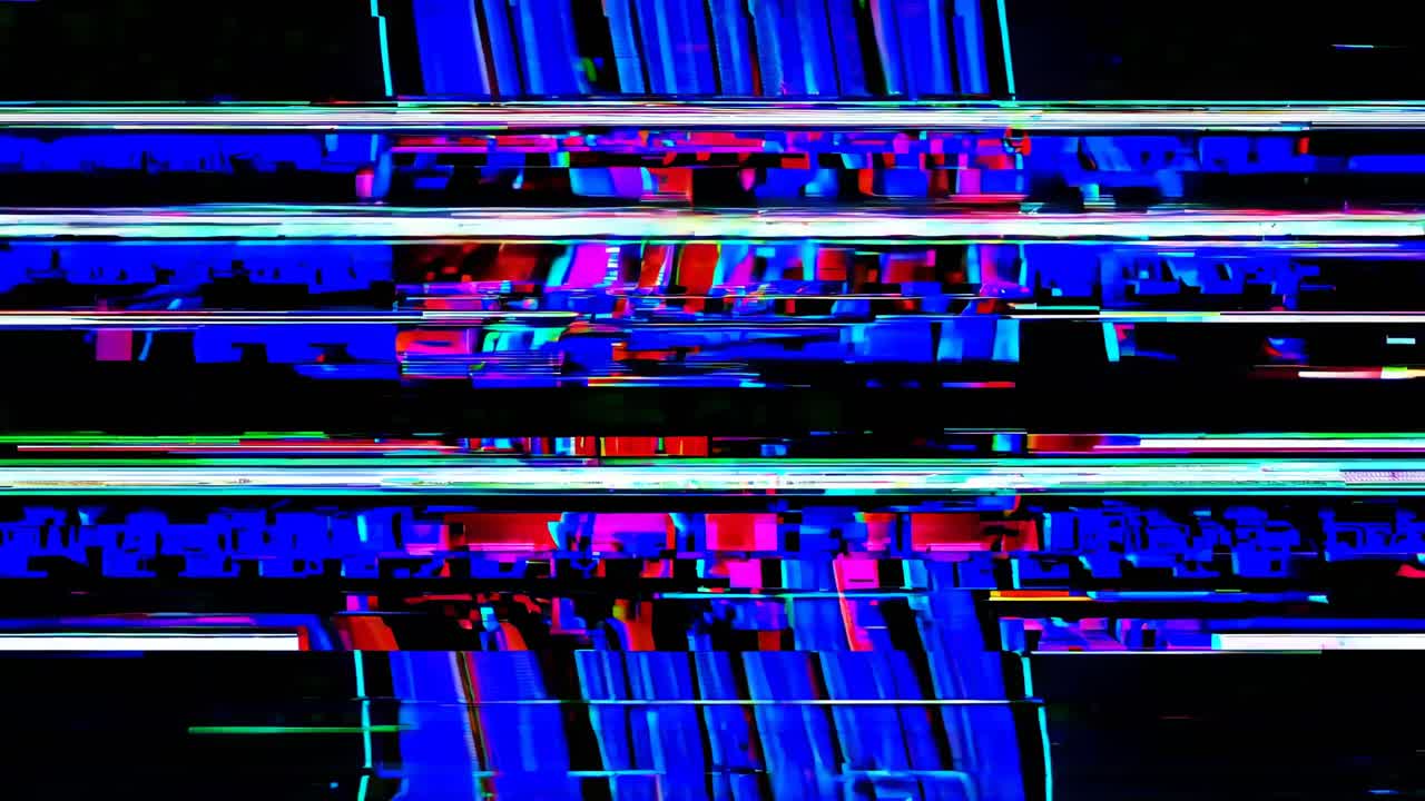 Abstract glitch art with vibrant neon colors and horizontal lines, resembling a distorted video