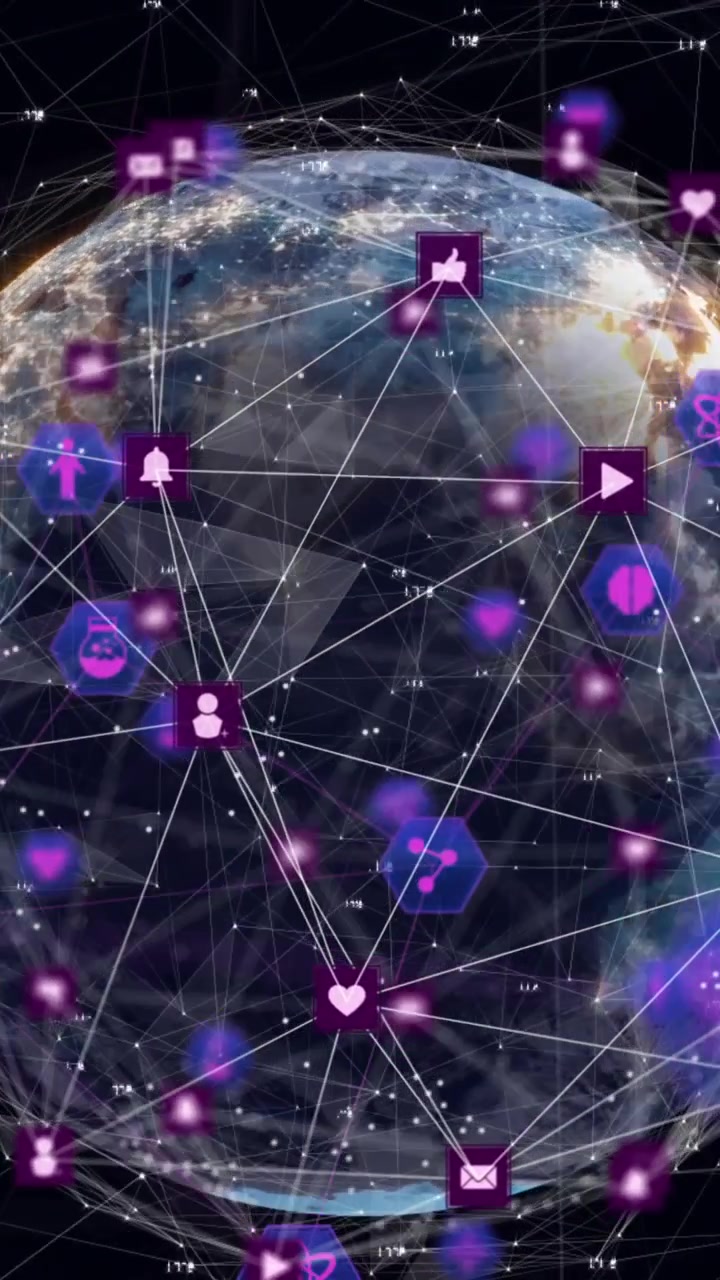Animación de iconos conectados alrededor de un globo terráqueo giratorio con números sobre un fondo negro