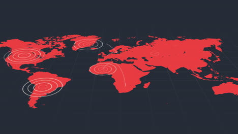 mapa del mundo rojo con círculos concéntricos blancos radiantes sobre territorios sobre fondo negro
