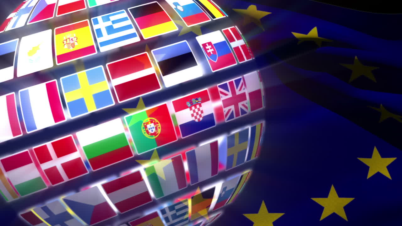 nacionales banderas de un país europeo encendiendo la bandera europea