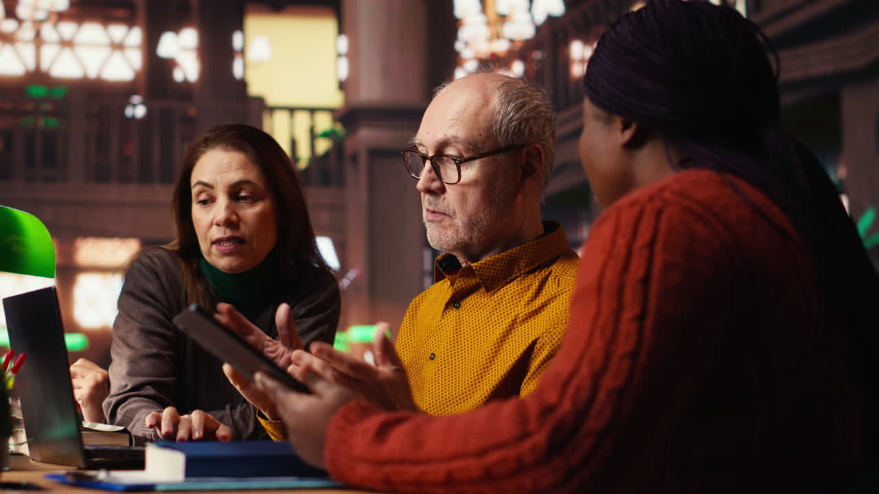 Three people meeting around a table with a laptop