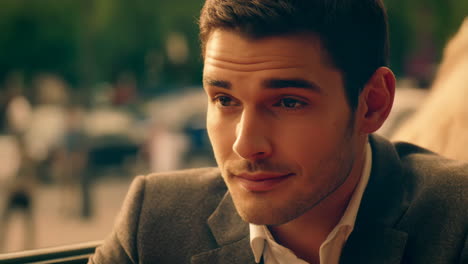 stylish young man in suit in urban setting