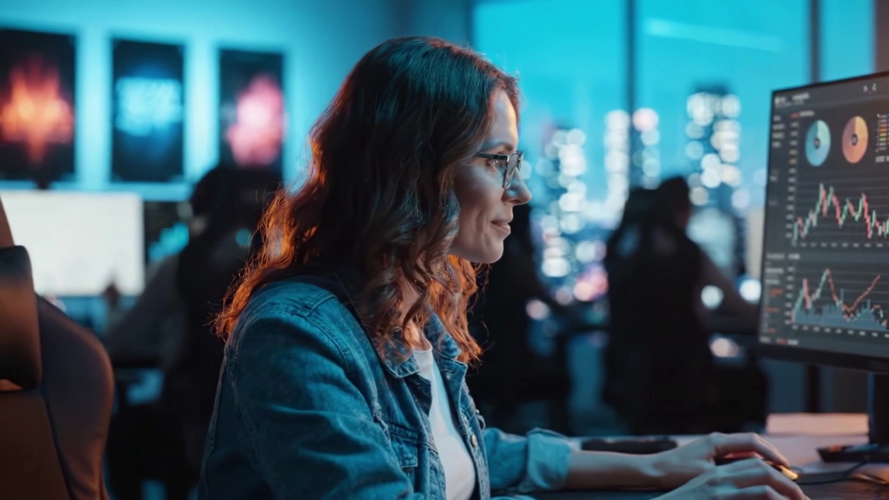 Un professionista concentrato che analizza le tendenze dei dati su uno schermo di computer in un moderno ambiente d'ufficio con vista sullo skyline della città al tramonto.