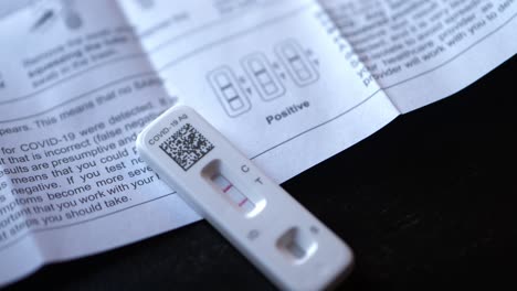 Covid-19-Positives-Zu-Hause-Antigen-Testkit-Auf-Schwarzem-Tisch-Mit-Anleitung,-Die-Zeigt,-Wie-Man-Positive-Ergebnisse-Mit-Zwei-Roten-Linien-Und-Dünnen-Fokustiefen-Von-Schärfenwechselpunkten-Findet