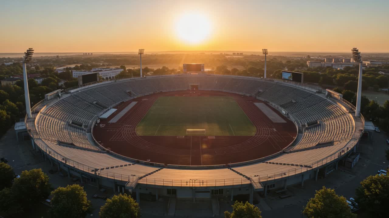 A Breathtaking Aerial View of an Empty Stadium Captured at Sunrise, Showcasing the Beautifully Illuminated Track and Field Area with Vibrant Morning Colors
