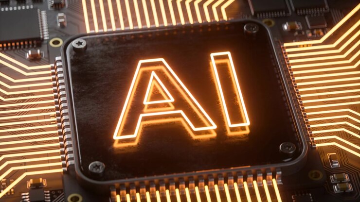 Power pulse activating central AI chip on PCB, gold traces and pins glowing, indicating power flow