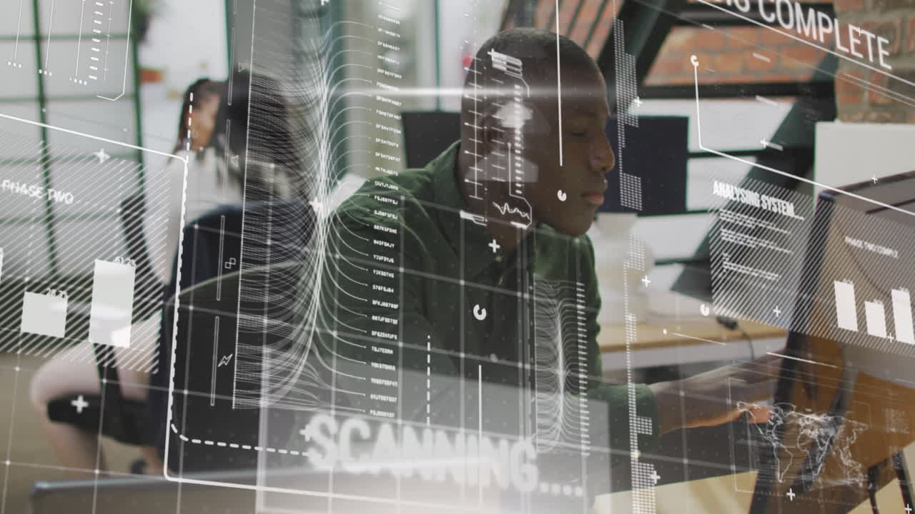 Animation of graphs, map, loading bars, computer language, african american man working on laptop